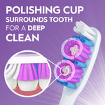 Graphic close-up of an Oral‑B toothbrush polishing cup bristle design with magnified inset and descriptive copy