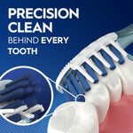 Infographic-style close-up of Oral-B brush head cleaning behind teeth with a circular magnified detail