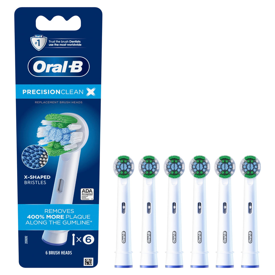 Oral‑B PrecisionClean X retail card showing an illustrated electric toothbrush and six round replacement brush heads.