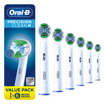 Six Oral‑B round electric toothbrush replacement heads fanned out beside branded product card and value-pack label