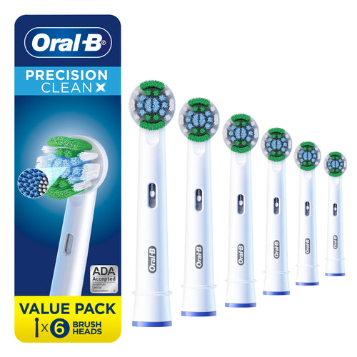 Six Oral‑B round electric toothbrush replacement heads fanned out beside branded product card and value-pack label
