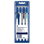 Back view of four Oral‑B manual toothbrushes in clear plastic blister pack showing brush backs and barcode panel