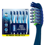 Oral-B Pro-Clean CrossAction six-pack toothbrushes in blister pack with enlarged toothbrush head beside it.