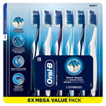 Front view of Oral-B Pro-Clean CrossAction 6-pack blister pack showing six toothbrushes and feature icons.