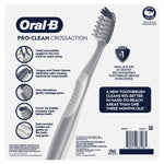 Back of Oral-B Pro-Clean CrossAction toothbrush package with product callouts, barcode and brand logo.