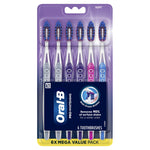 Full retail blister card of Oral‑B Pro‑Whitening six toothbrushes showing brand panel and '6X mega value pack' banner.