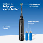 Black Oral‑B ProClean toothbrush displayed upright with two AA batteries and callouts highlighting replacement brush head, 2 minute timer and long‑lasting battery.