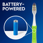 Battery-powered toothbrush handle and a single AA battery inset shown on blue background to indicate power source