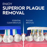 Split comparison graphic showing essential clean bristles versus Pulsar bristles with caption about superior plaque removal