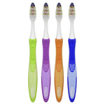 Four Oral-B handheld vibrating toothbrushes in green, purple, orange and blue shown upright on a white background