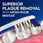 Close-up illustration of an Oral‑B Pulsar brush head showing micro‑pulse bristles removing plaque from teeth