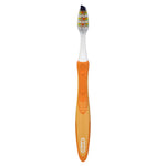 Close-up studio image of an orange-handled Oral‑B Pulsar battery toothbrush shown front-on against a white background.