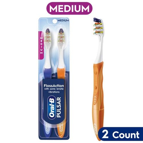 Two Oral-B Pulsar medium toothbrushes in blister pack with one orange and one purple-handled brush shown