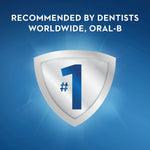 Blue promotional panel with a shield and a large #1 plus text stating Oral-B is recommended by dentists worldwide.