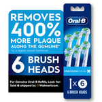 Oral‑B branded pack graphic showing claim ‘Removes 400% more plaque’ and depiction of six brush heads