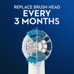 Close-up of an Oral‑B round brush head split view with text advising to replace brush head every 3 months