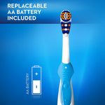 Oral-B toothbrush upright with text graphic stating replaceable AA battery included and battery icon