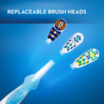 Graphic showing an Oral‑B toothbrush handle and three different replaceable brush heads with text 'REPLACEABLE BRUSH HEADS' on blue background