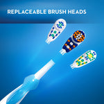 Graphic showing Oral-B handle with three interchangeable brush heads and headline replaceable brush heads