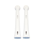 Pair of white Oral-B replacement brush head necks photographed on white background showing attachment ends