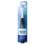Oral-B Revolution battery-powered electric toothbrush in black shown in blister packaging with round brush head