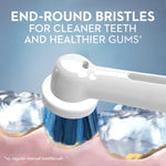 Close-up illustration of an Oral‑B round brush head cleaning along the gumline with text about end‑round bristles
