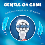 Close-up round brush head illustration with soft bristles on a blue background and text 'Gentle on Gums'.