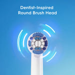 Top view of a dentist-inspired round Oral-B brush head with blue and white bristles on a blue background