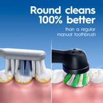 Graphic split image comparing a manual toothbrush cleaning to an Oral‑B round electric brush head with text claiming superior round cleaning.