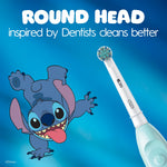 Partial toothbrush handle and detachable round brush head shown diagonally with 'Round Head' headline and Stitch artwork.