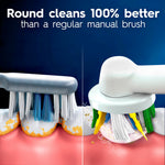 Side‑by‑side graphic contrasting a manual toothbrush and an Oral‑B round brush head with text 'Round cleans 100% better'.