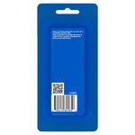 Back of Oral‑B floss blister card in solid blue showing barcode, QR code and small product text