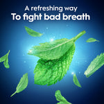 Floating mint leaves graphic on blue background with headline about refreshing bad breath protection