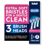 Oral‑B branded graphic panel showing pack artwork and text highlighting extra soft bristles and '3 brush heads'.