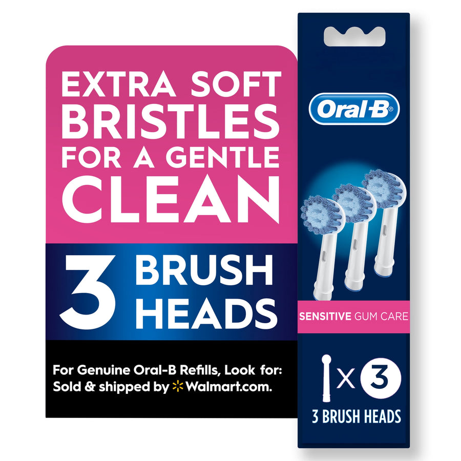 Oral‑B branded graphic panel showing pack artwork and text highlighting extra soft bristles and '3 brush heads'.
