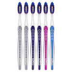 Six individual Oral‑B manual toothbrushes aligned vertically showing varied handle colors and multi‑level blue bristle heads.