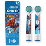 Two Oral‑B round replacement brush heads with Spider‑Man graphics shown next to product backing card