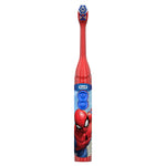 Standalone red Oral-B battery toothbrush with Spider-Man graphics on the handle and blue power buttons on white background.