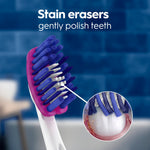 Close-up of Oral-B toothbrush bristles with magnified inset showing stain-erasing bristle action