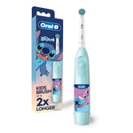Oral-B Disney Stitch battery-powered kids toothbrush shown next to its illustrated retail box with character graphics.