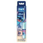 Retail blister-pack style packaging showing an Oral-B battery toothbrush with Disney Stitch artwork visible through window.