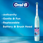Oral-B battery toothbrush with Disney Stitch design on a blue gradient background and product feature bullets at left.