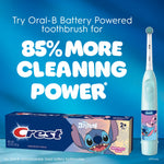 Oral-B Stitch toothbrush pictured with bold text claiming increased cleaning power and a Crest toothpaste box featuring Stitch.