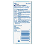 Back of Oral-B Superfloss box showing usage instructions, icons and a barcode on a white background