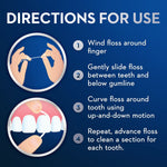 Instruction panel graphic with step-by-step flossing directions and illustrative icons on a blue background