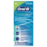 Front of Oral-B Superfloss mint box showing product name, three feature icons and text indicating pre-cut strands