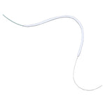 Close-up isolated pre-cut Oral-B Superfloss strand with a stiffened end and spongy section on white background.