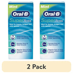 Two Oral-B Superfloss mint boxes shown side-by-side with product benefits and a "2 Pack" label below.