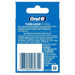 Back of Oral‑B Threader Floss package with instructions, barcode and manufacturer contact information