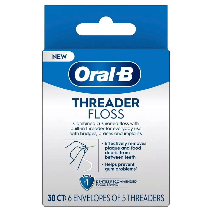 Oral‑B branded retail box front for Threader Floss showing logo, product name and 30 ct callout